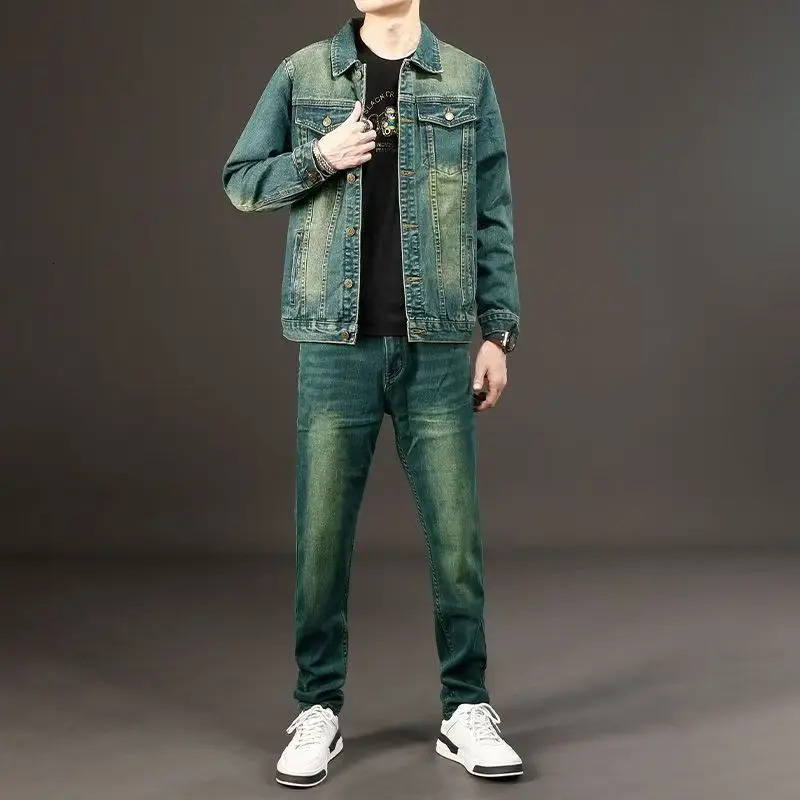 Spring Autumn Mens Denim Suit Loose Korean Trendy TwoPiece Versatile Outerwear Casual Jacket Jeans two Piece sets 260623banjia