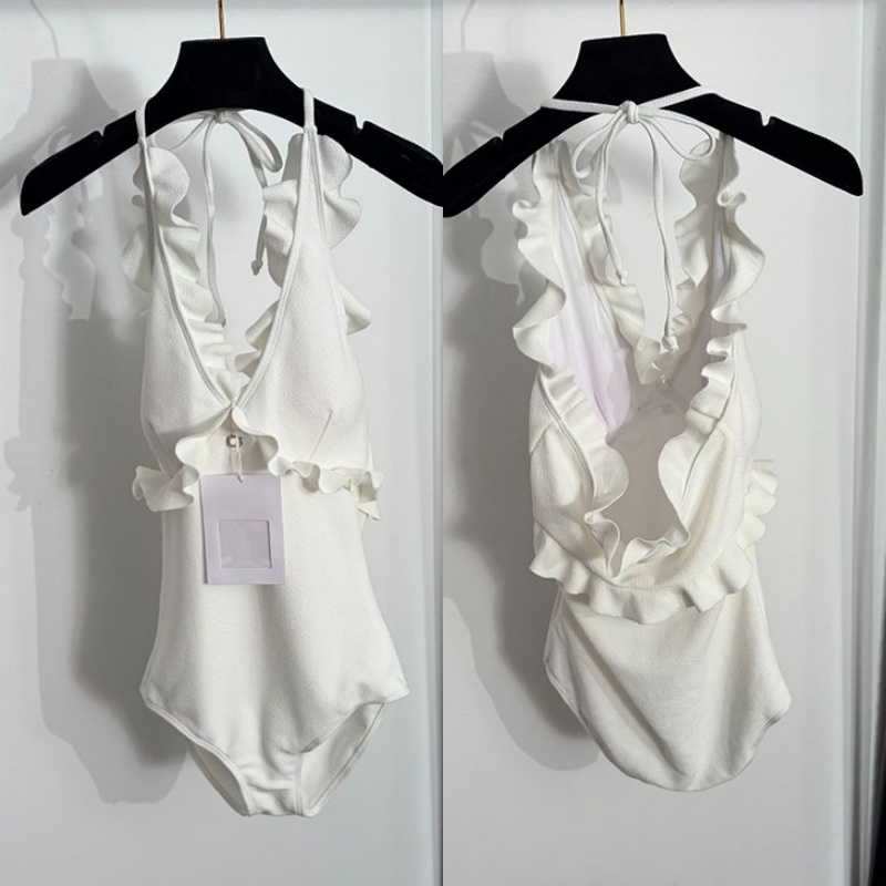 Designer V Neck Ruffled Swimsuit Women Sexy Backless Halter Neck Swimwear Summer Pool Party Vacation Sexy Bathing Suit