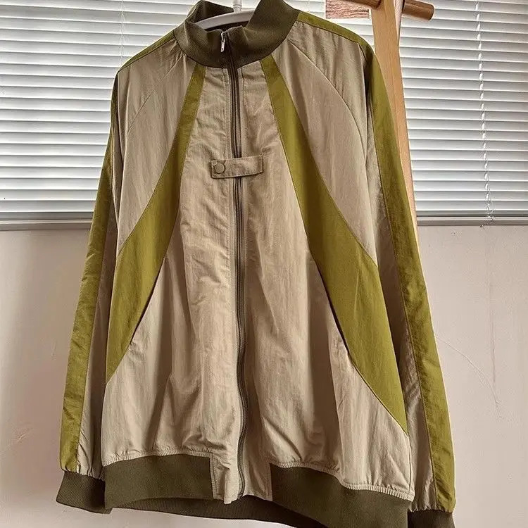 Retro Color Block Windbreaker Jacket Men Women Vintage Stand Collar Zip Up Track Casual Streetwear Oversized Sport Coat 260623