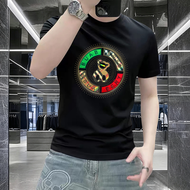 Slim Fit Crew Neck Tee Skin Friendly Thin Cotton Front Rhinestone Trimmed Circular Bear Color Print Soft Breathable Fabric Solid Black Elegant Minim