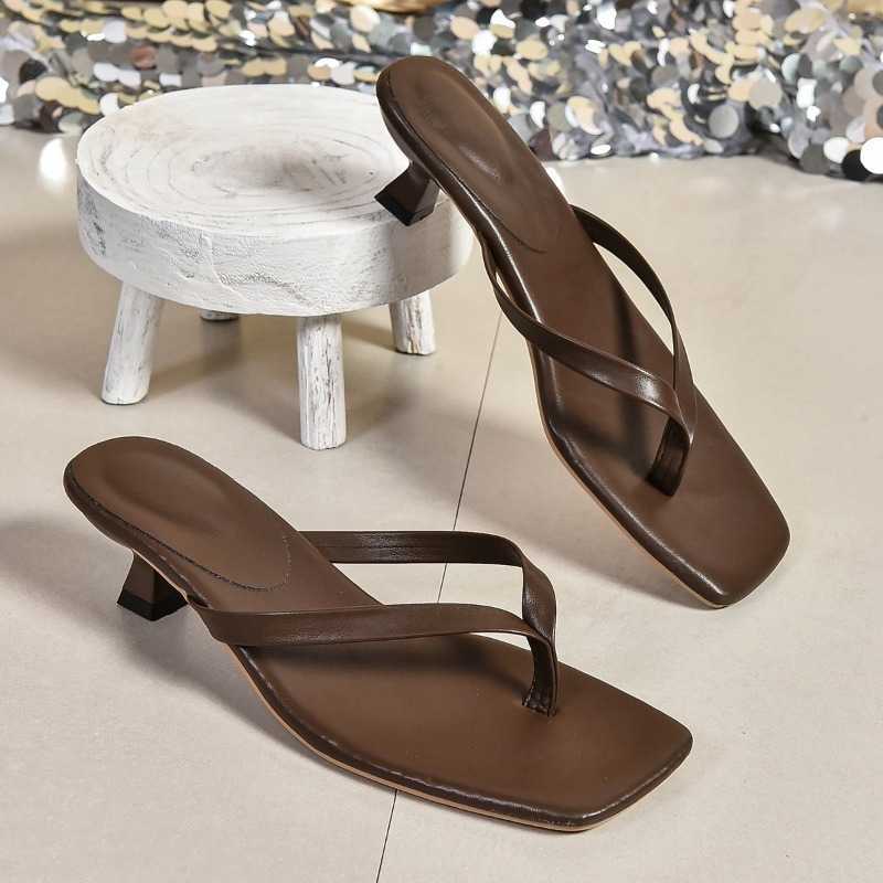 New Soft Summer Leather Square Toe Cat with Flip-flops Women Fashion Thin Belt Thin Heel Soft Sole Flip-flops T260623