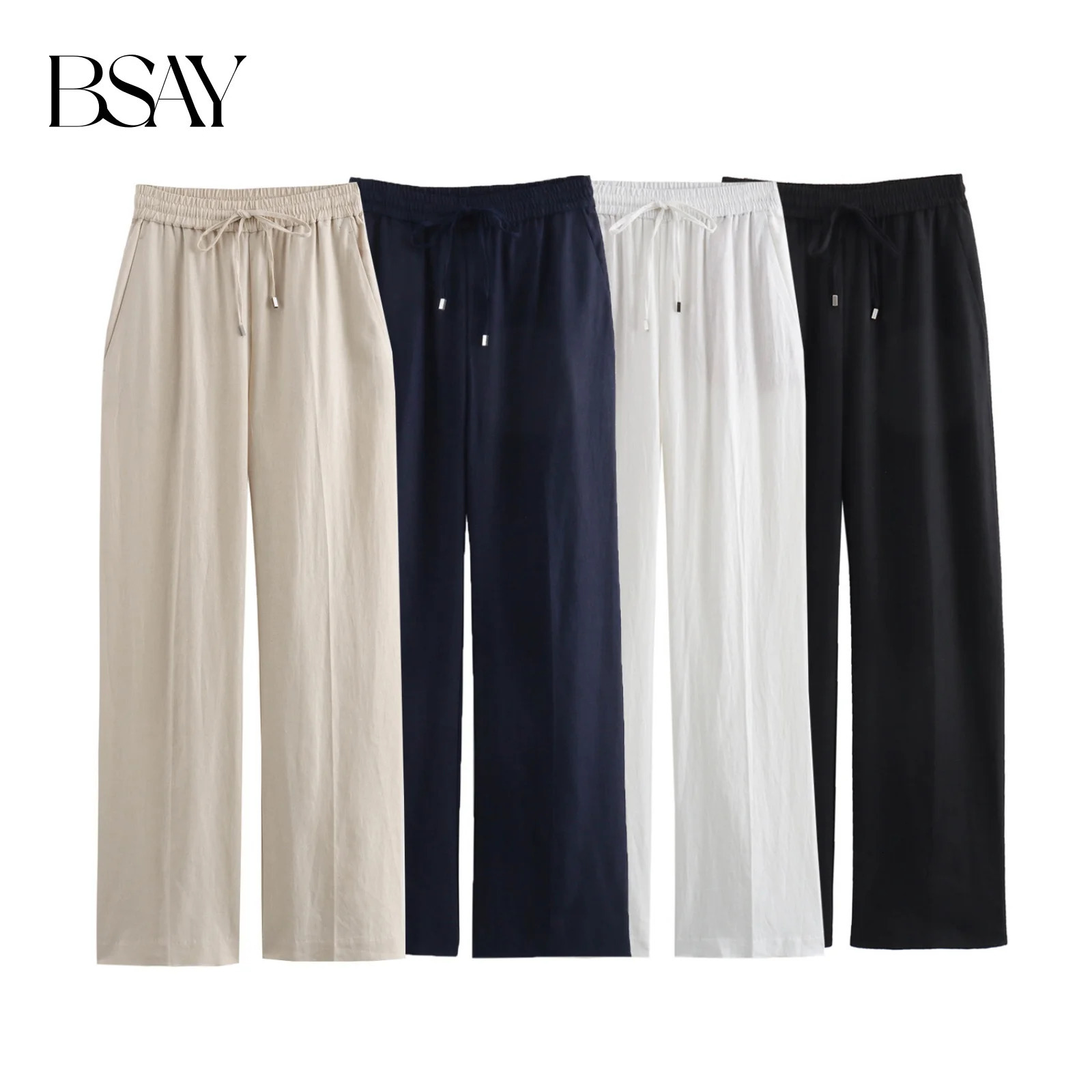 BSAY Donna Moda Primavera Estate Pantaloni dritti in misto lino con lacci Tasca da ufficio Lady Chic Pantaloni a vita alta Mujer 260616