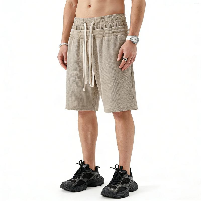 Men's Shorts American Retro Snow Wash Waffle Casual Elastic Waist Drawstring Double Relaxed Fit For Men And Women Joggers