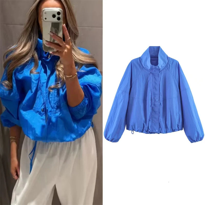 Womens Jacket 2026 Summer Style Blue LongSleeve Pleated Drawstring Decorative Nylon Loose Casual Fashion Versatile 260625