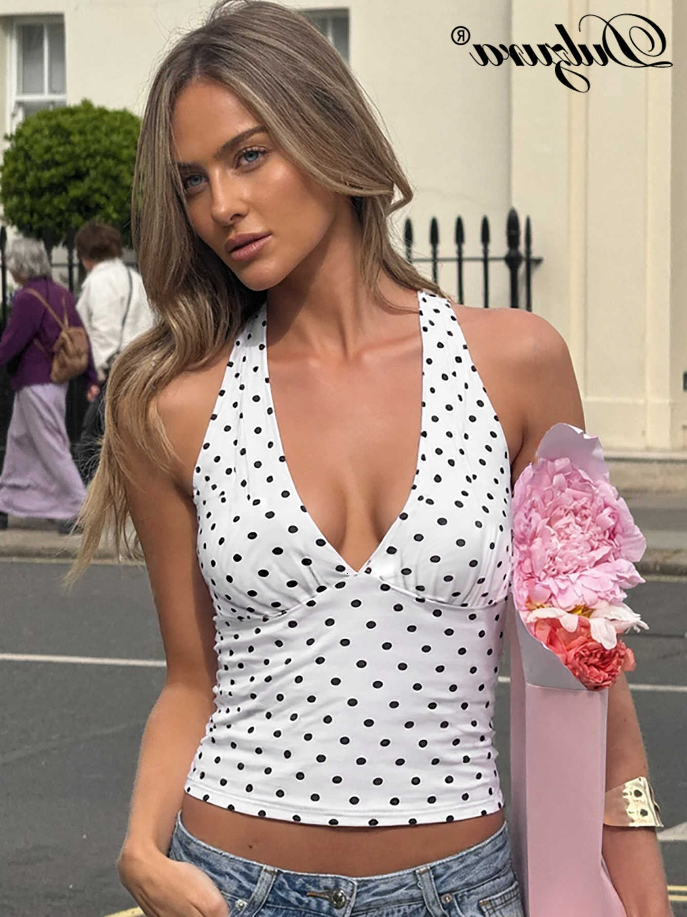 Slim Dulzura Halter Sleeveless Backless Lace Up Polka Dot Print Top Sexy Elegant Casual Y2K Top Party Club Street Summer Clothes M260623