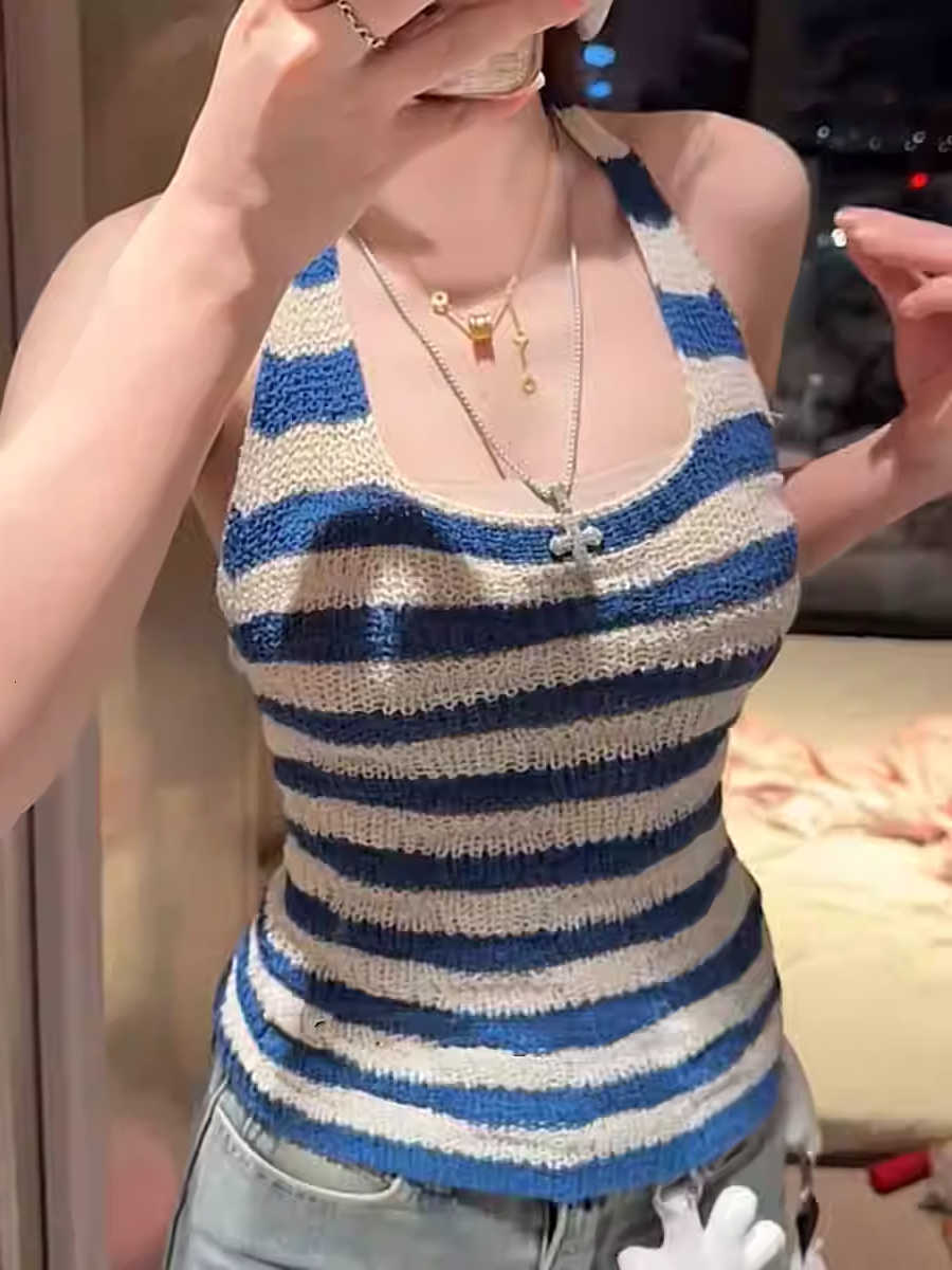 Spring Summer French Style 2026 Striped Knit Halter Camisole Vacation Style Slim Fit Tank Top Sexy Backless Crop Top For Women M260623