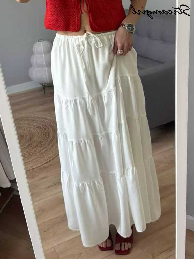 Brown Long Skirt Women Summer Cotton Ruffle Floral Skirt Woman Green Tie Up Loose White Women Long Skirts High Waisted L26