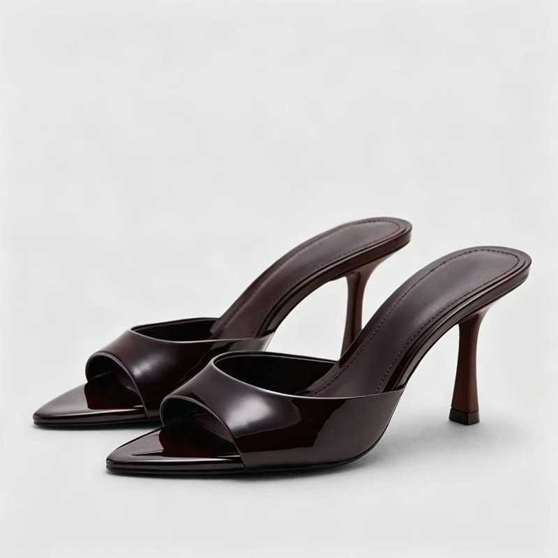 Neue 2026 Sommer Patent Leder Außerhalb Sexy Offene spitze Stiletto Slip Hausschuhe High Heel Frauen Schuhe T260623