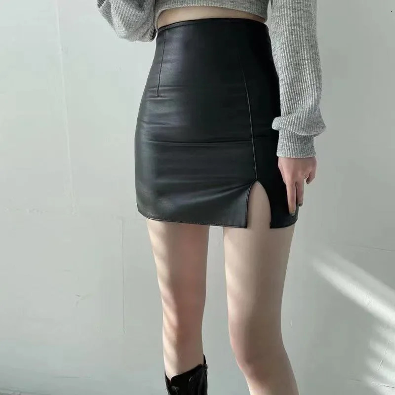 Smvp Balck PU Leather Mini Skirt Women Sexy Skinny High Waist Side Split Hip Skirts Autumn Korean Office Lady Short 260613