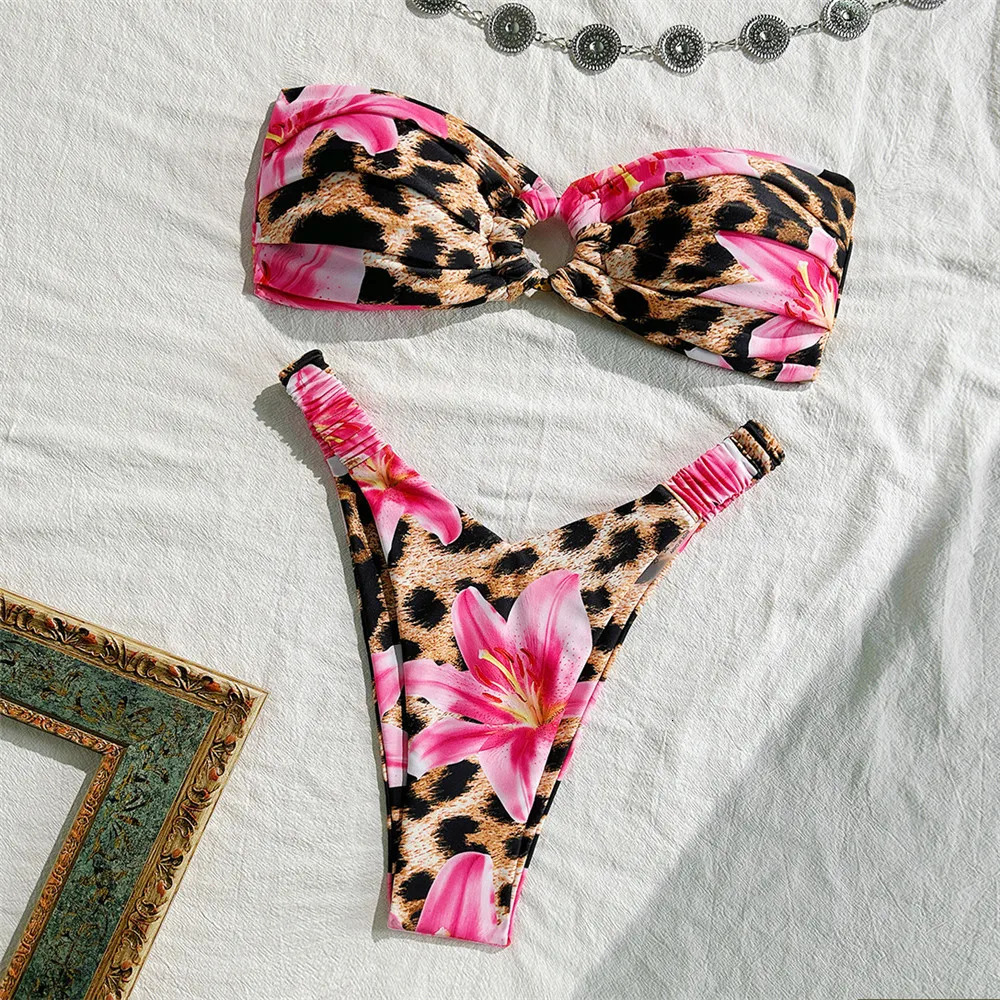 Leopard Flower Print Bandeau Bikinis Sets Back Knotted Swimwear Ring Wrinkled Sexy Swimsuit Women 2026 Bathing Suit Bikini Dames 260623
