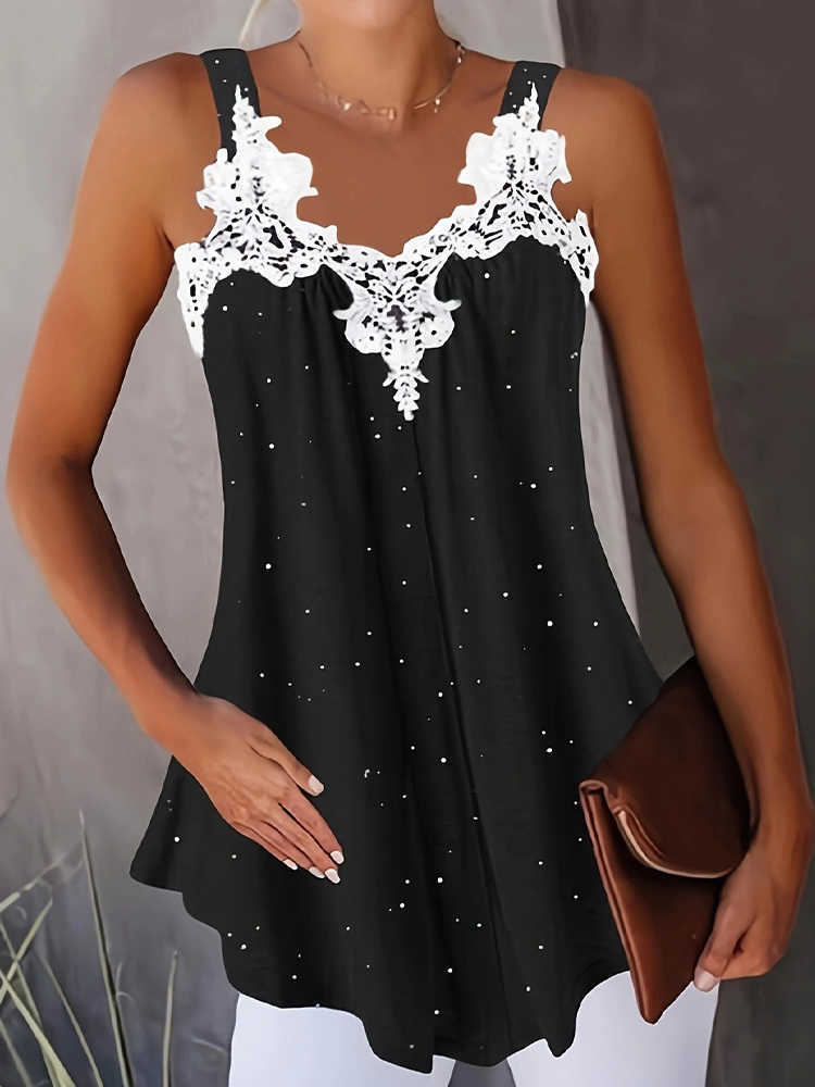 Luxurious Camisole Women V-Neck Sveless Lace Patchwork Solid Color Vest Summer Party Tank Tops L26