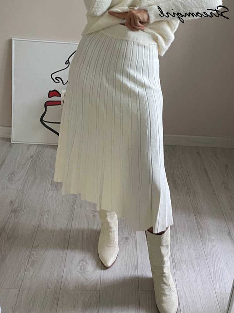 Women Pleated Knit Skirt Long Autumn Winter Elastic Waist White Maxi Skirts For Women Solid Gray Womens Knitted Long Skirt L26