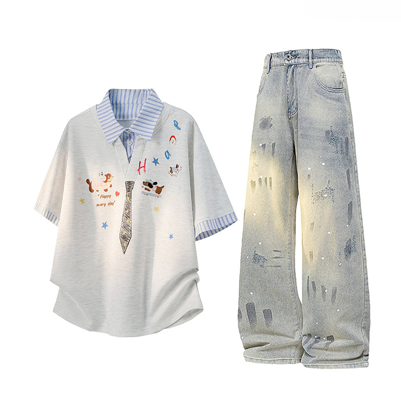 T Shirt Pants Sports Suit Plus-Size Faux Two-Piece Graffiti Short-Sleeve Casual Suit For Men, Summer Trendy College-Style Sports Polo Outfit Set