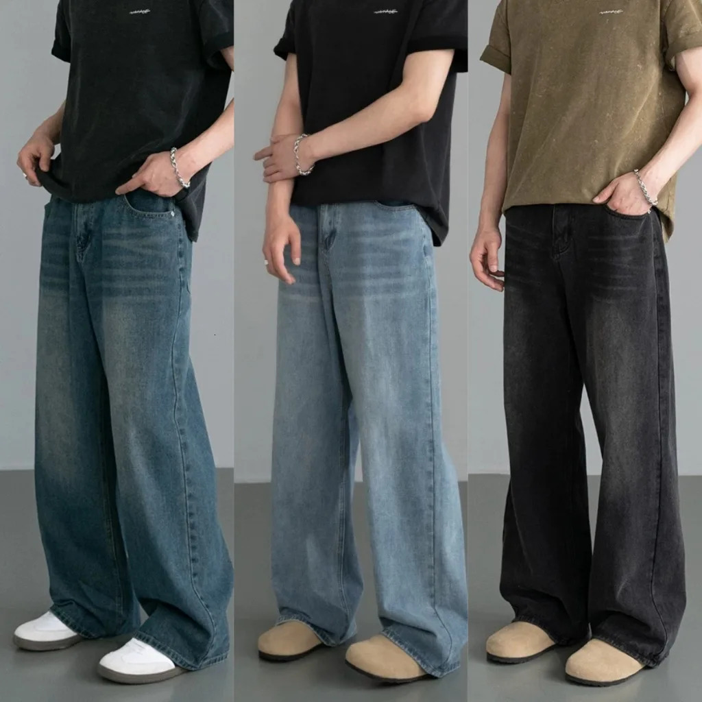 Spring Autumn Mens Denim Pants Old Blue Washed Casual Jeans Menwear Loose Fashion contrasting color Wide Leg Trousers 260623