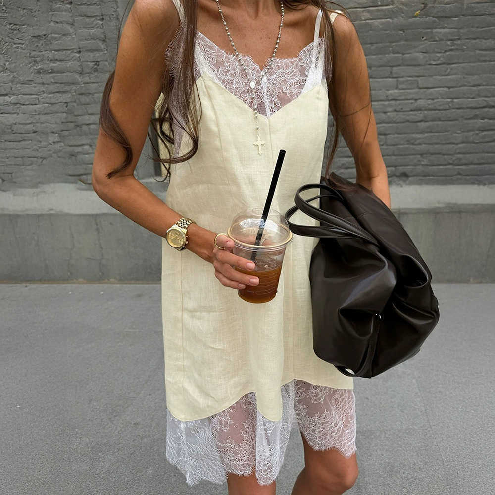 Bornlandies 2026 New Summer Casual Lace Patchwork Camisole Skirt Cotton Loose Light Yellow Sveless Dress L26