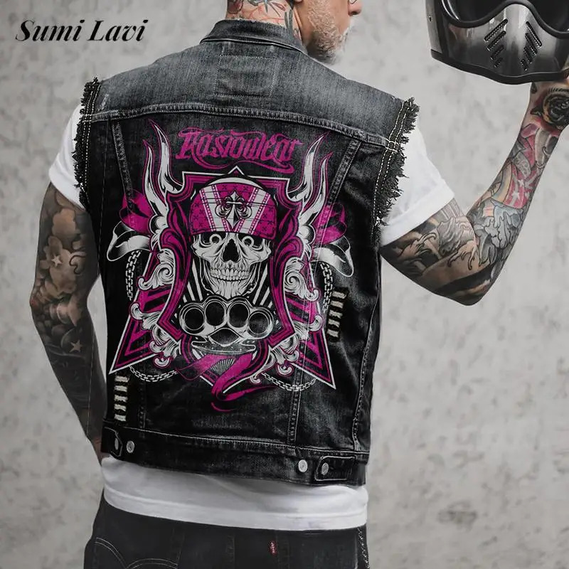 Rock Punk Style Skull Printed Denim Vest Jacket Men Vintage Ripped Buttoned Lapel Waistcoats Mens 2026 Spring Fall Jean Jackets 260623banjia