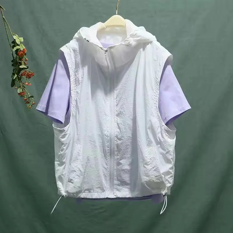 Fashion Women Vests Cargo Zippers Hooded Casual Tops Summer Loose Solid Waistcoat Sports Quick Drying Thin Womens Clothin 260625