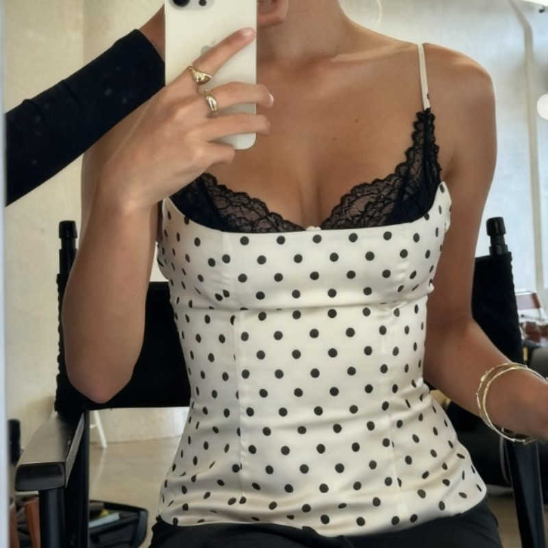 Women Polka Dot Lace Summer Trim Camis Top Sexy Backless Sleeveless Slim Fitted Camisole Top Vintage Y2k Streewear Tanks M260623