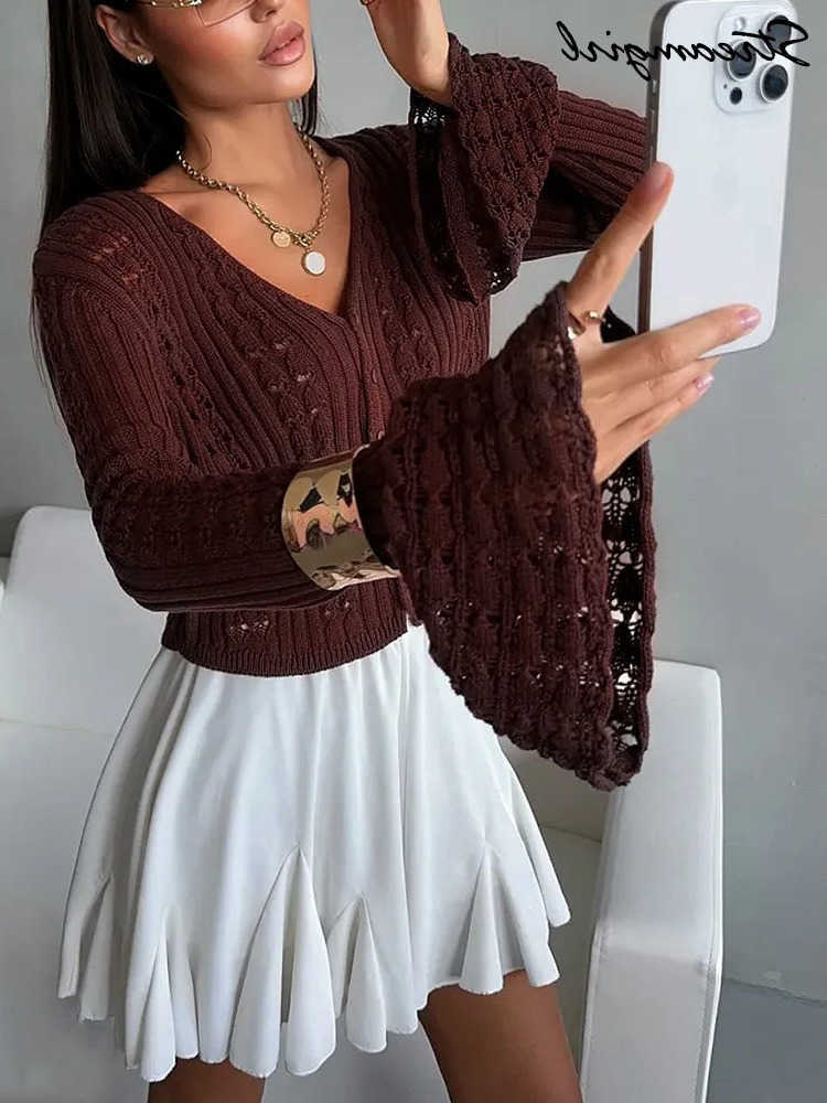 Summer Crop Cardigan For Women Hollow Out Knitted Coffee Short Cardigans V Neck Burgundy Clothes Crochet Cardigan Long Sve L26