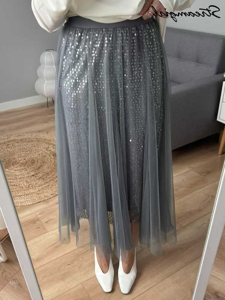 Tulle Sequin Skirts Midi For Women Spring Summer Elegant A Line Black Shiny Skirt Long Womens Midi Skirts Mesh With Swquin 2025 L26
