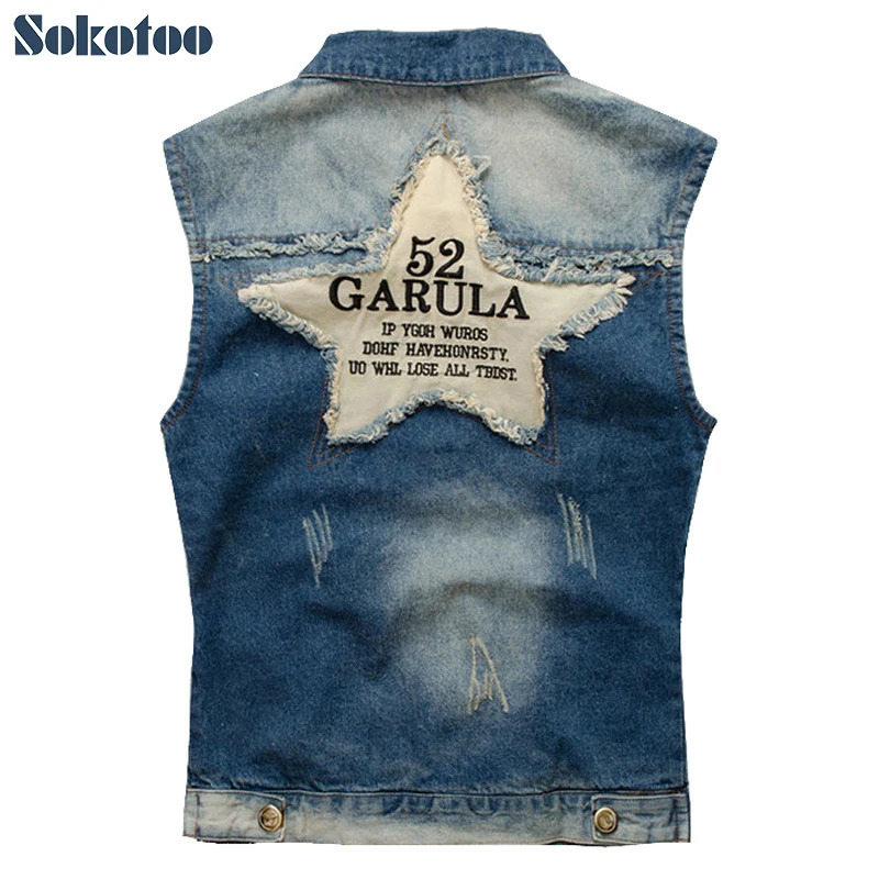 Sokotoo Mens denim vest male fivepointed star letter outerwear patchwork jacket Plus large size tank top 260623banjia