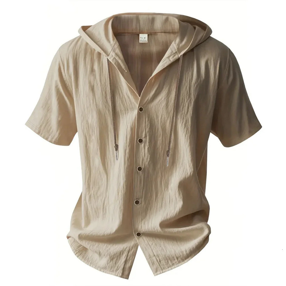 Summer Mens Hooded Cotton Linen Shirt Solid Color Breathable Lightweight Short Sleeve Drawstring Tees Male Casual Tops 260623