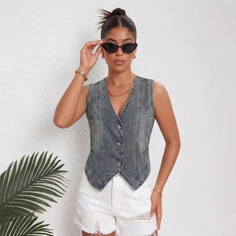 2026 Summer Womens Denim Vest Jackets Single Breasted Vneck Slim Wash Blue Vintage Short Sleeveless Waitcoat Tops 260625