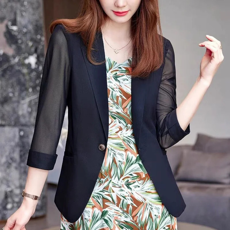 Summer Fashion Premium Temperament Mesh Slim Oversize Three Quarter Sunscreen Casual Womens Solid Color Blazer 260625