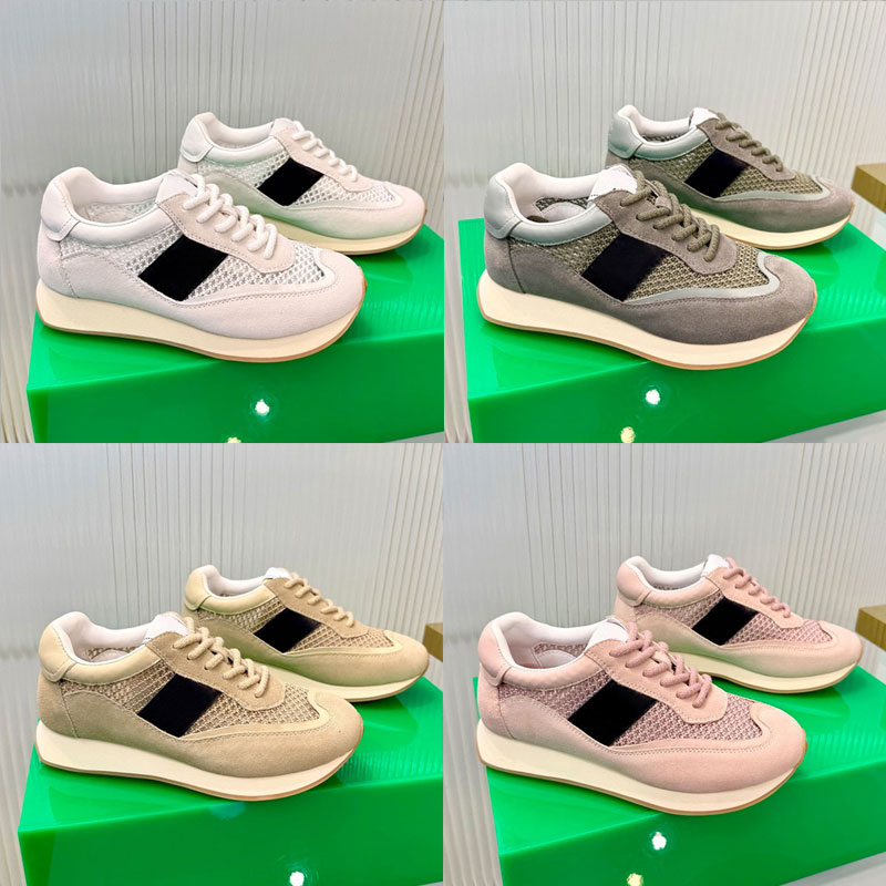 Womens Suede Calfskin Mesh Trainer Sneakers Breathable Hollow Mesh Panel Low Top Lace Up black white splice Sneakers Luxury Logo Flat Sole Casual Sh