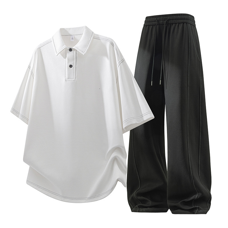 T Shirt Pants Sports Suit Plus-Size Trendy Casual Sports Suit Men, Summer High-End Design, Collared Short-Sleeve Loose Two-Piece Set For Men