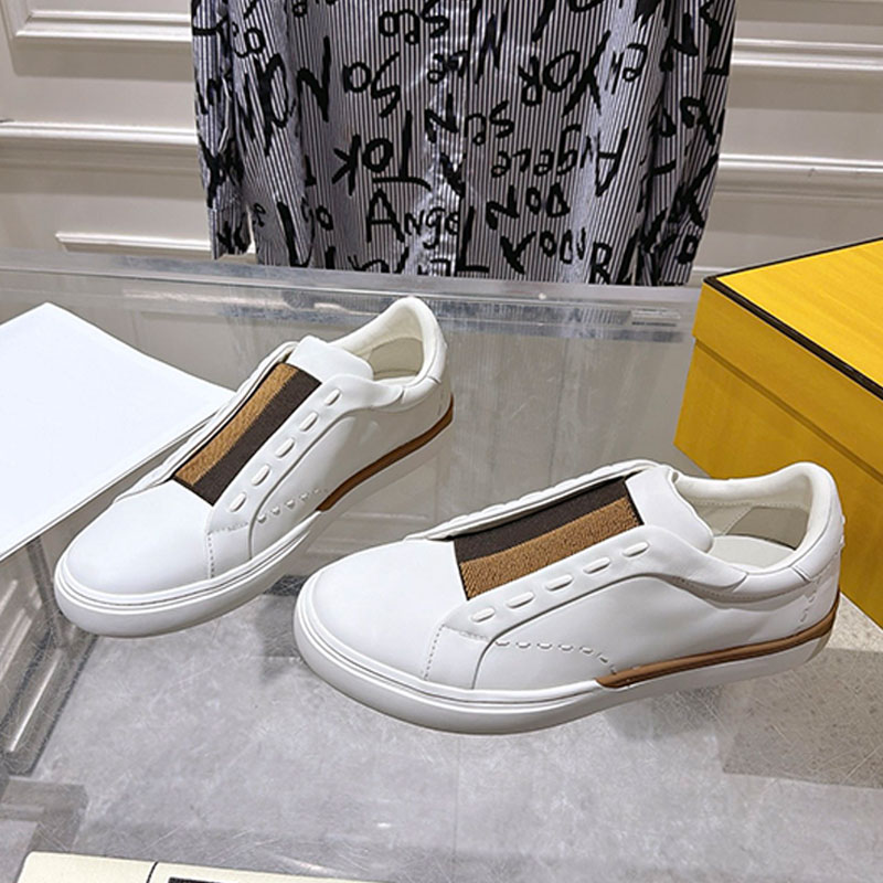 Mens City Trainers White Leather Low Tops Sneakers Luxury Wide Brown Elastic Pequin Inspired Band Casual Shoes Designer Calfskin White Sneaker Rubbe