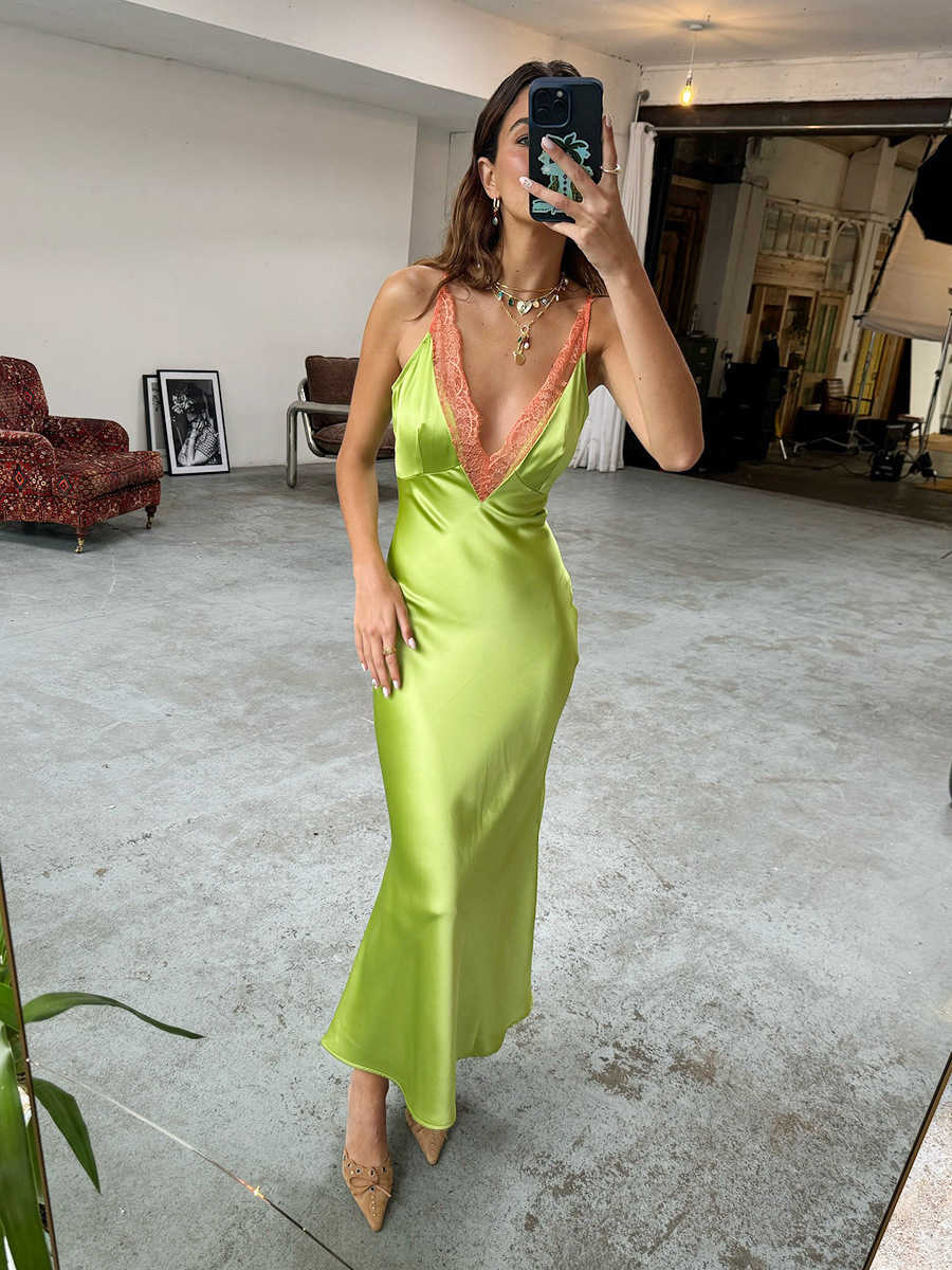 Bornladies Womens Lace Cami Maxi Dress Satin Texture Lace Trim Sexy Deep V-Neck Slim-Fit Cami Long Dress 2026 Summer New L26