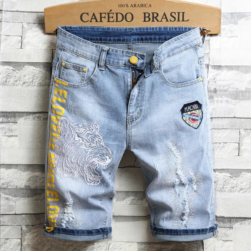 Mens Embroidered Denim Shorts Summer Thin Section Ripped Fivepoint Pants Stretch Trend Fashion Clothing Short 260613
