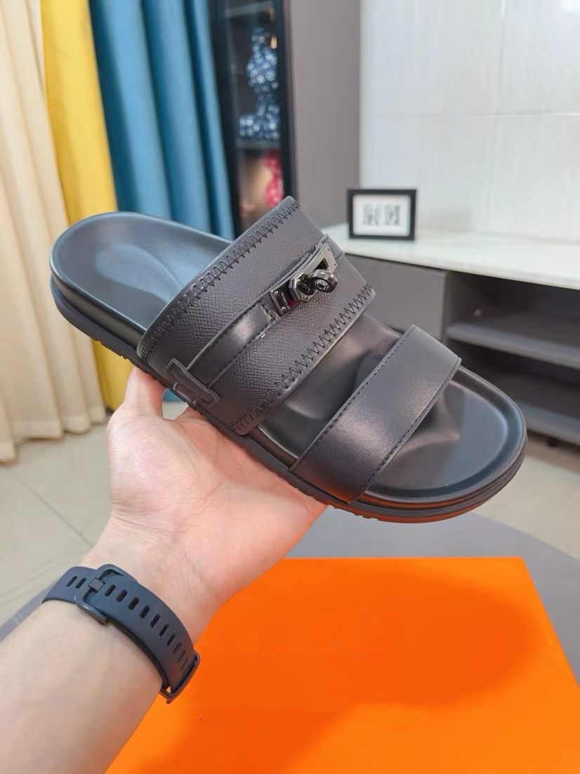 Summer Designer Men Sport Aero Slides Flats Sandals Black Leather Flip-Flops & Logo Lettering Slip-on Beach Slippers Boy's Discount Walking EU3