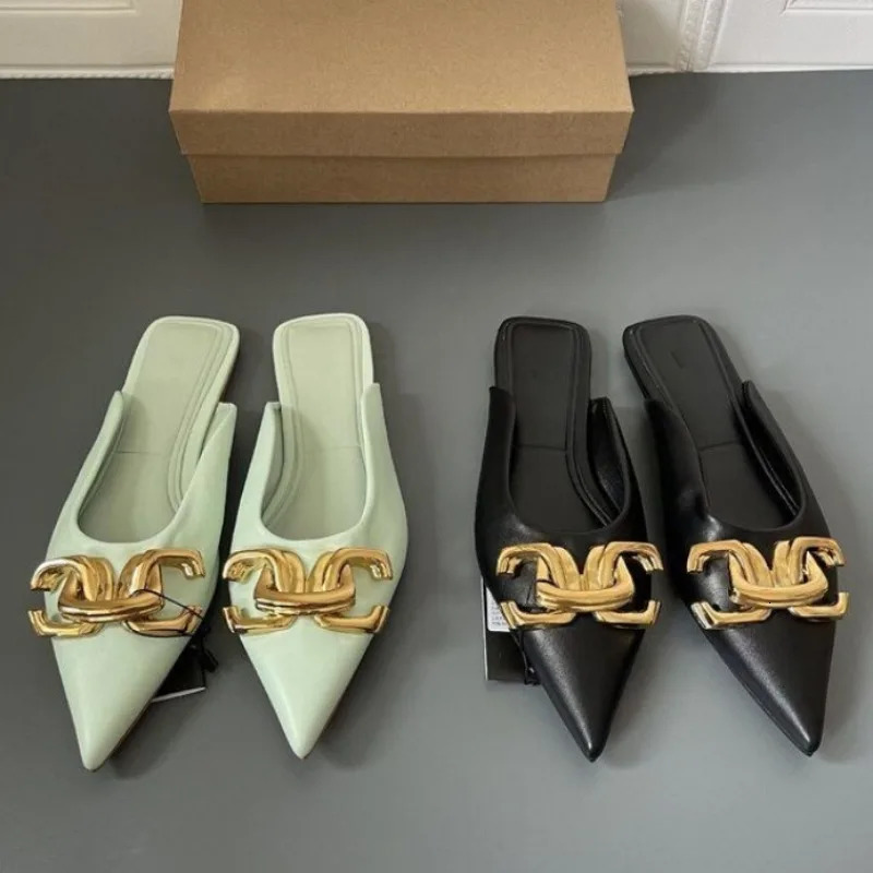 2024 Summer Women Flat Slippers Fashion Metal Chain Pointed Toe Sandals Casual Shoes Outside Slippers Women Slides Women 260623