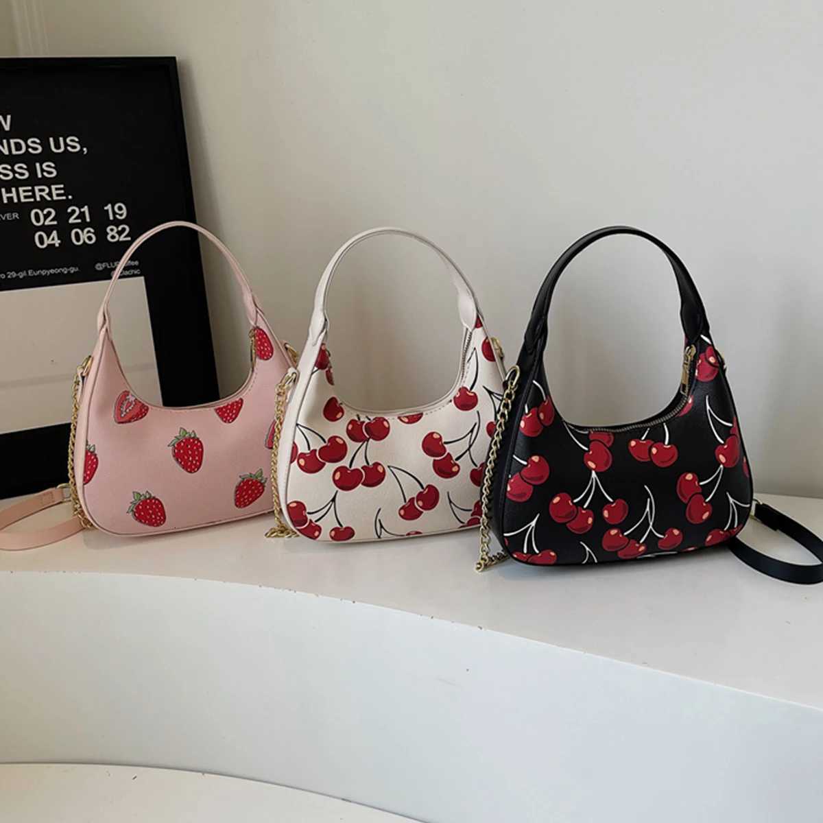 Fi Shoulder Bag Strberry Cherry Print Solid Color Large Capacity Zipper Adjustable Chain Strap Daily Commute Shopping X260623