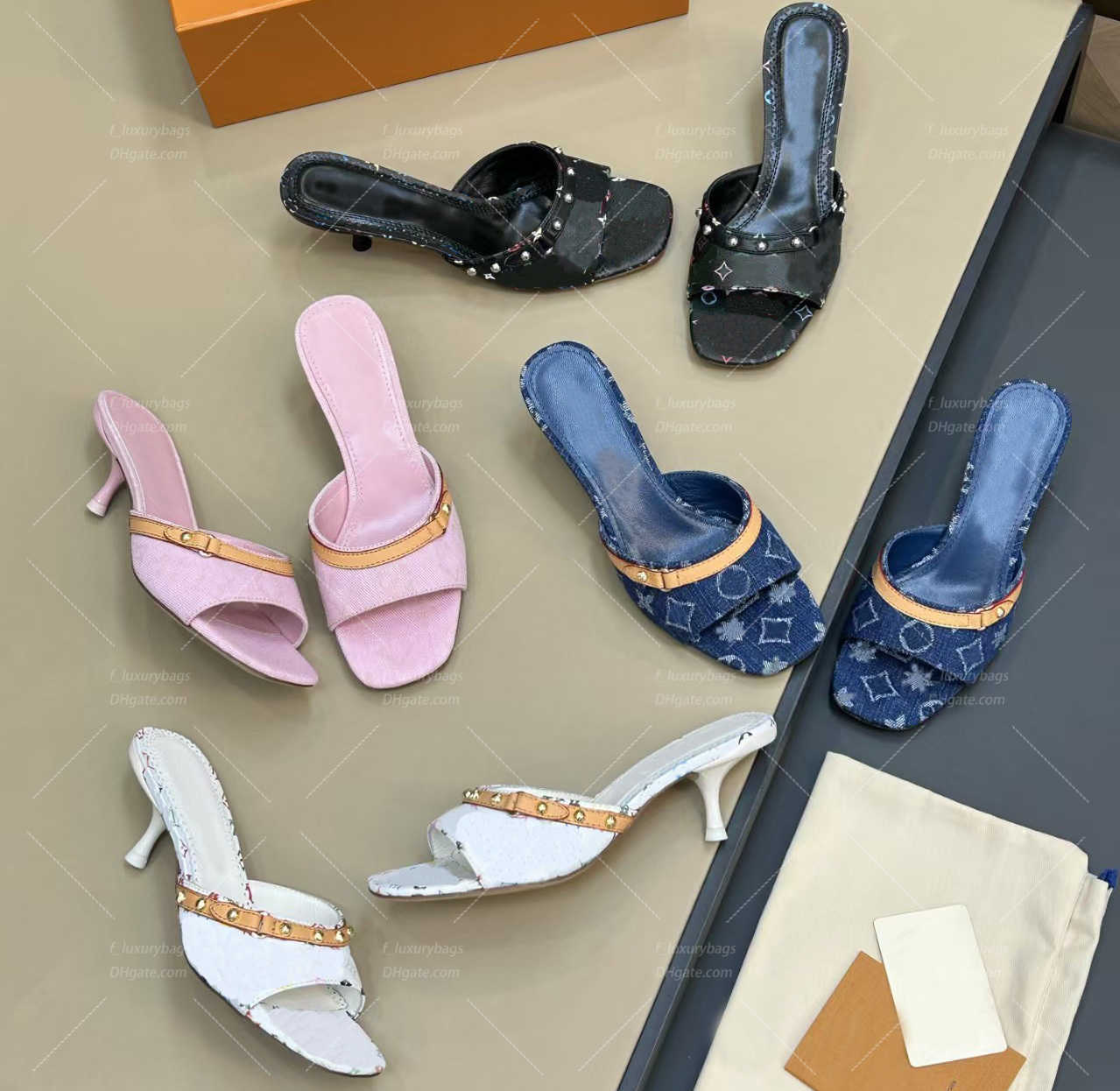 Sandals Pink 6am Mule Womens Designer Pink Denim Mule 1A Stiletto Heel Upper For a Refined Look Luxury 6am Pinkheel Leather Outsole Summer Tm Mules
