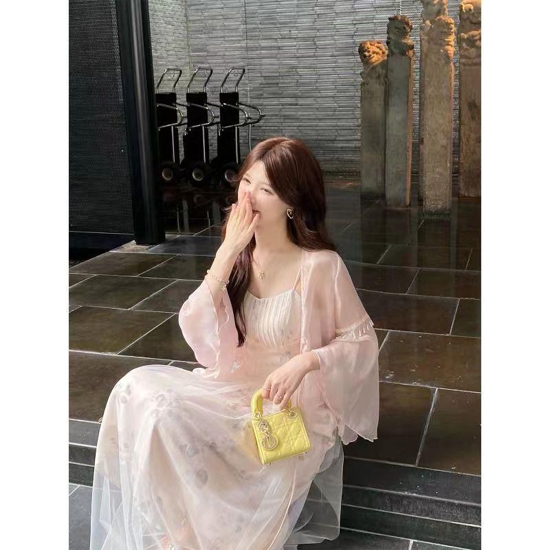 Q0423 Temperament National Style New Chinese Style Suit Spring and Autumn Misty Rain Jiangnan Sense Dress 2023 Summer New Women's Suspender Ski