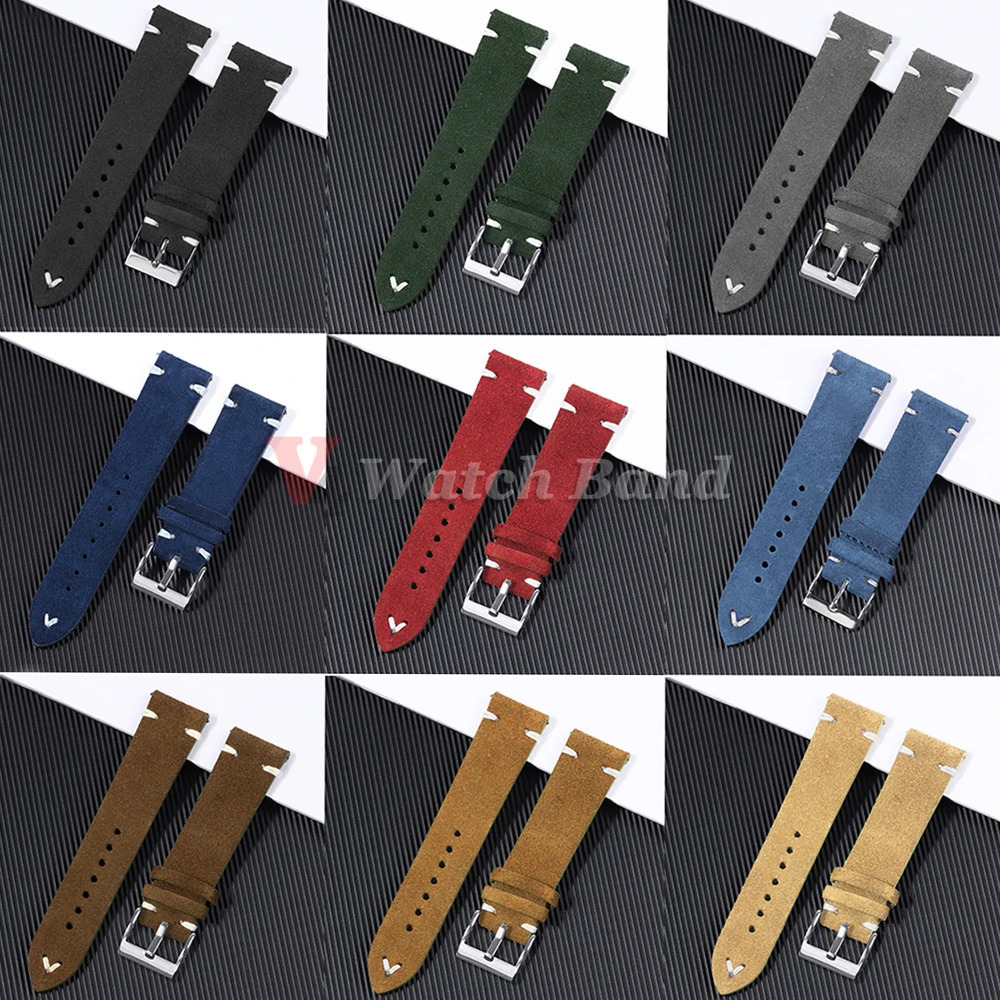 Vintage Suede Cowhide Watch Strap 18mm 20mm 22mm Stitching Watchband Gray Brown Green Quick Release Bracelet for Rolex Men Women 260622
