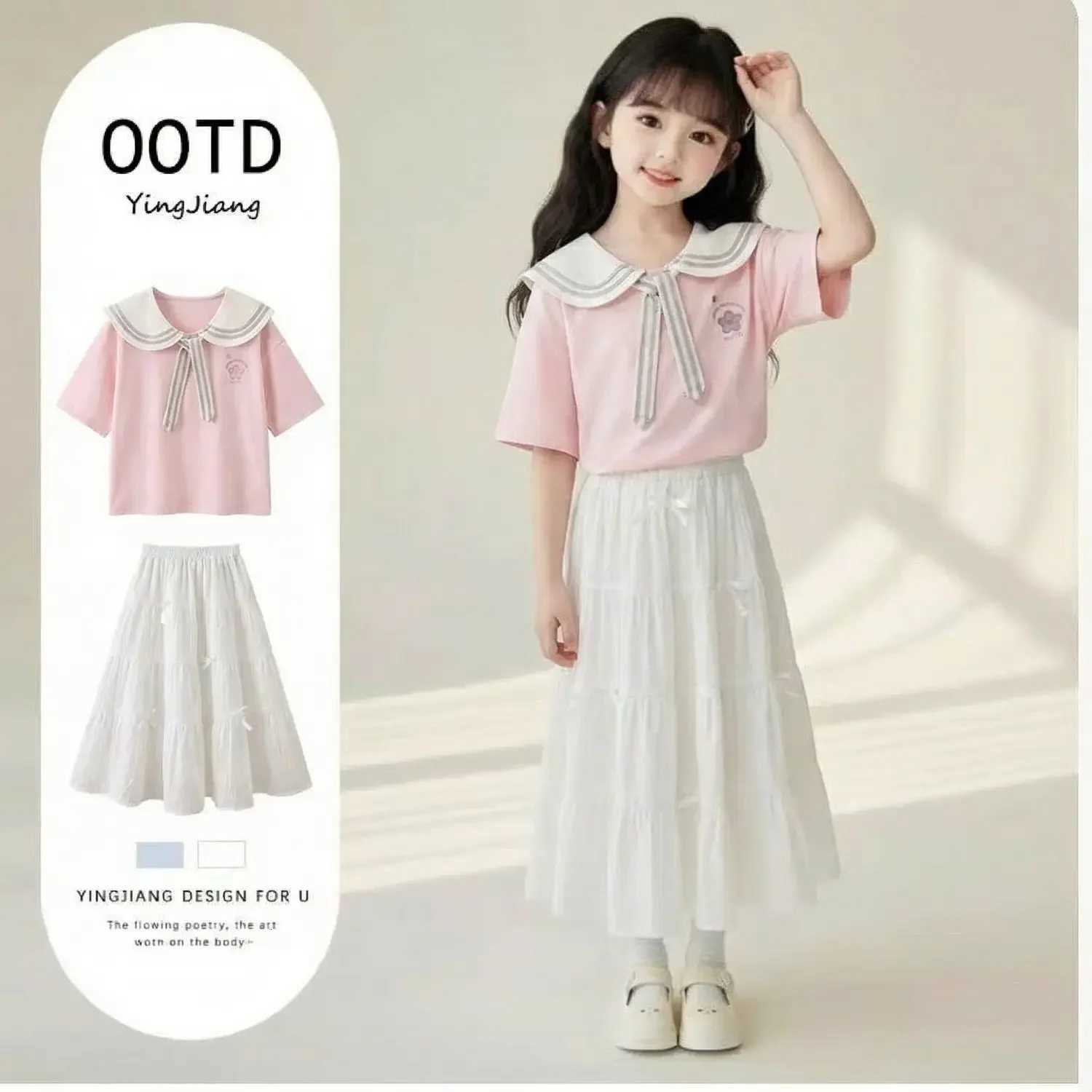 2026 Summer New Arrival Girls 2Pcs Outfit Navy Collar Preppy Style Short Sleeve Top Skirt Set Sweet Princess Casual Cotton Clo X260623