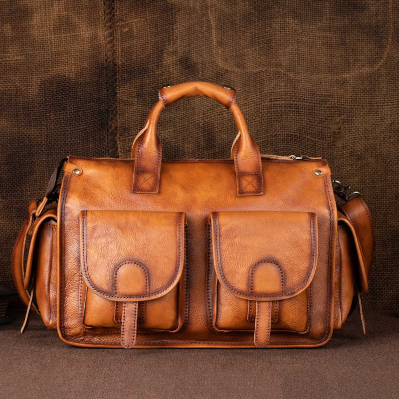 Mens Vintage Natural Cowhide Leather Briefcase Laptop Handbag Casual Genuine Leather Tote Bag Large Capacity Messenger Bag H260623