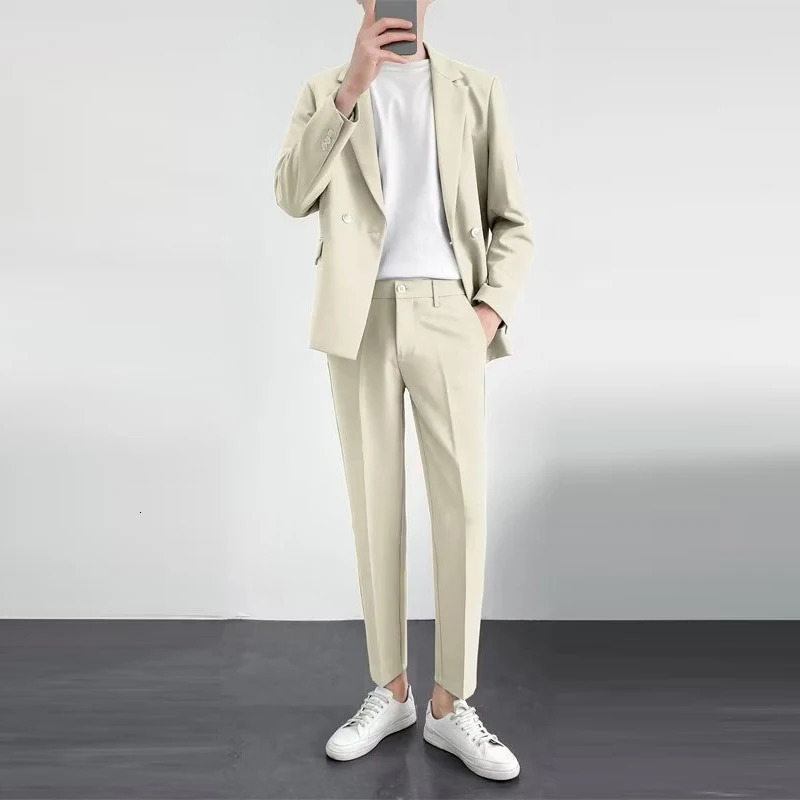 WHXR Man 2piece Suit Set Korean Style Turn Down Collar Blazer Male Straightleg Pant Men Simple Business Casual Outfit 260618