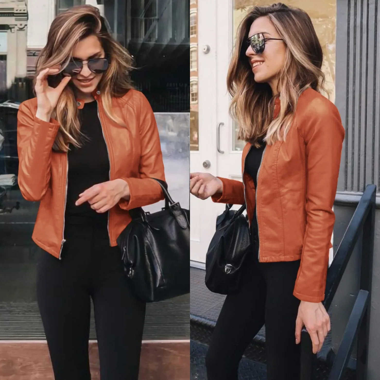 and Autumn Winter Womens Large Size Leather Jacket Solid Color Ultra Elegant Top Set S260623