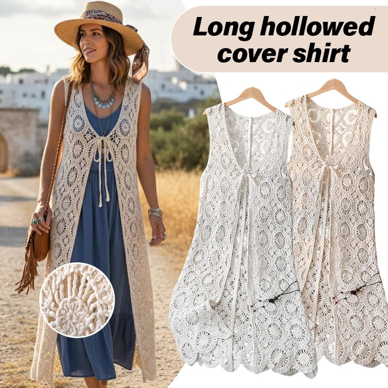 Spring Summer Womens Bohemia Holiday Knitted Hollow Long Cardigan Vest Crochet Sunflower Pattern Solid Color Beach Wear 260623