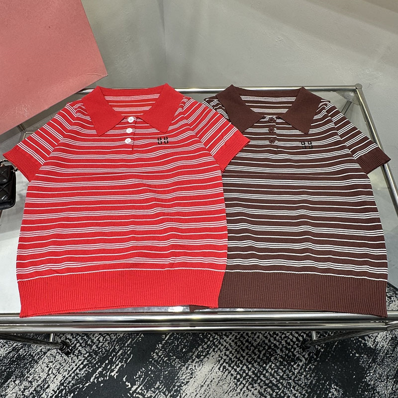 Polos tricotés d'université Vintage pour femmes, t-shirt tricoté à revers rayé, chemise d'été décontractée et polyvalente pour voyage