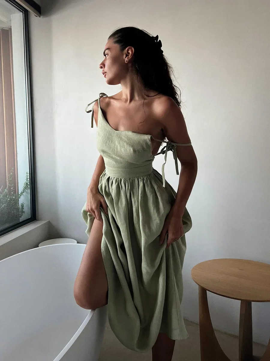 Wolfeel Spring Summer Beach Style Women Dress Vintage Loose A-line Sling Dress Sexy Hot 100 Cotton V-neck Dress L26
