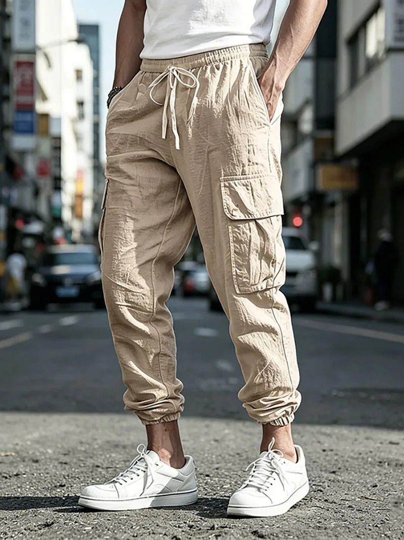 Mens Cotton Linen blend Cargo Jogger Pants Elastic Waist Drawstring Multi Pockets Casual Breathable Streetwear Trousers for Men 260623