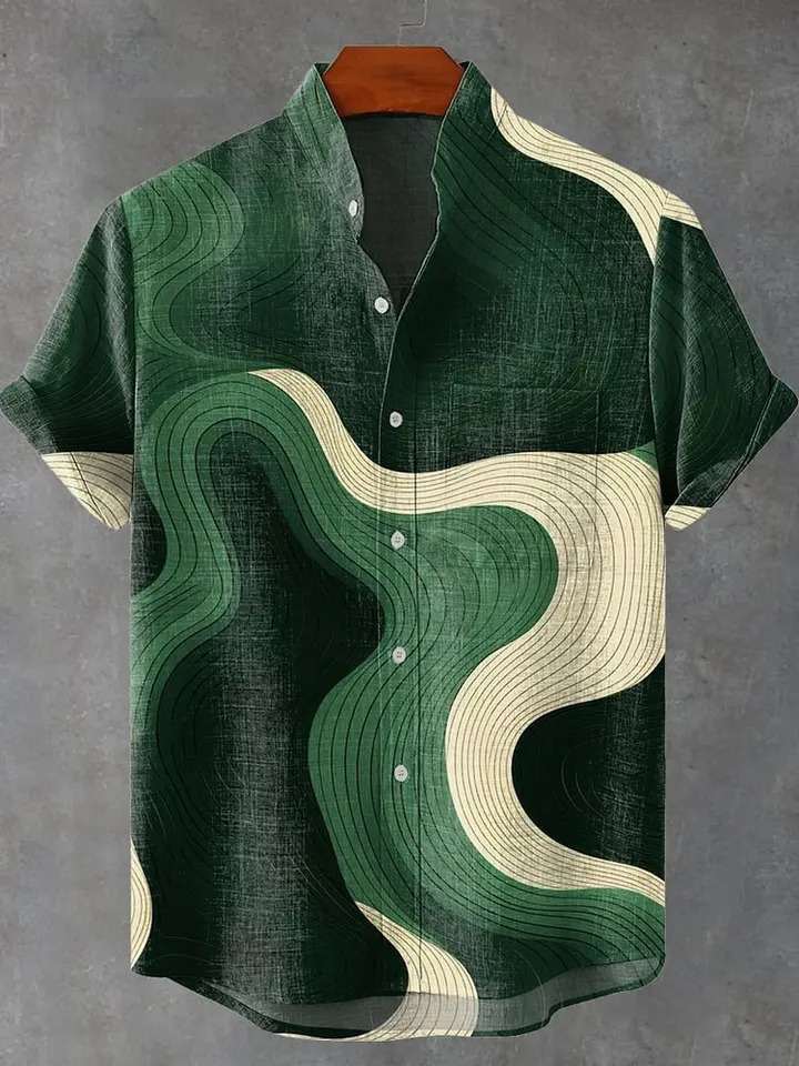 Mens Summer Refreshing Cool and Comfortable Linen Short sleeved Shirt Elegant Pattern Printed Button Top 260623