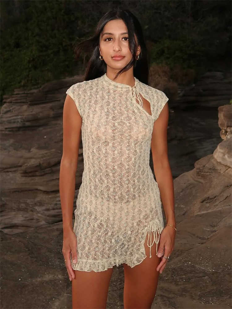 Tossy Lace Hollow Out Printed Mini Dress Womens Summer Lace-Up Patchwork Ruffled Sexy Bodycon Dress Female See-Through Dress L26