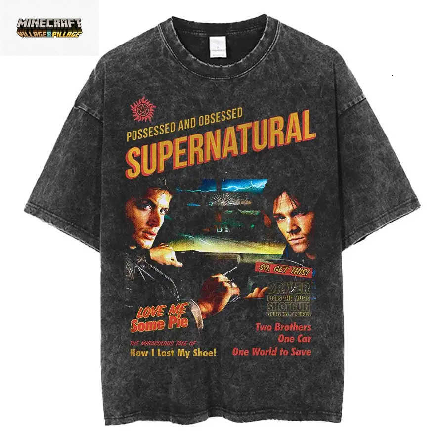 Oversized T shirt Supernatural 100 Cotton Vintage Washed T-shirt for men women hiphop streetwear L2606235SYQ
